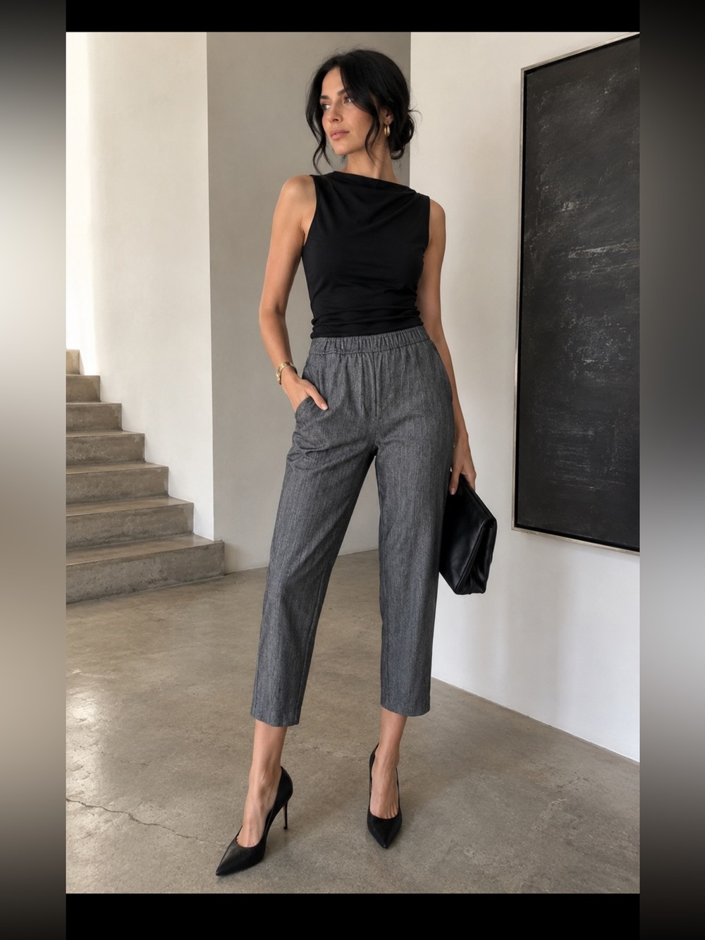 Black Crane Wool Capri Pants